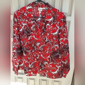 Vintage Pykettes Buttonup Blouse SzL? Red/Wht/Blk Long Sleeves Ez Care Wash/Dry